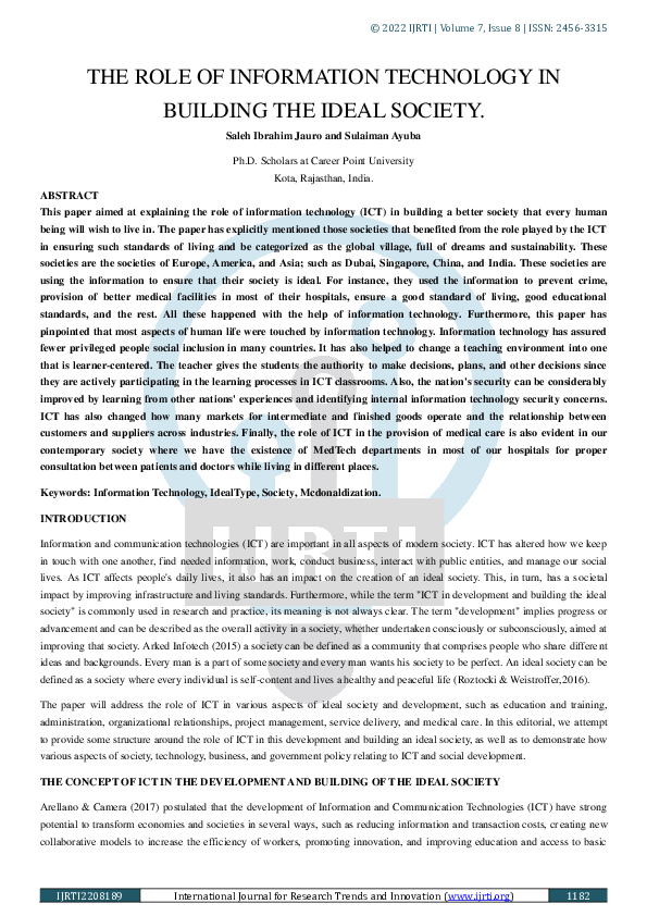 (PDF) THE ROLE OF INFORMATION TECHNOLOGY IN BUILDING THE IDEAL SOCIETY