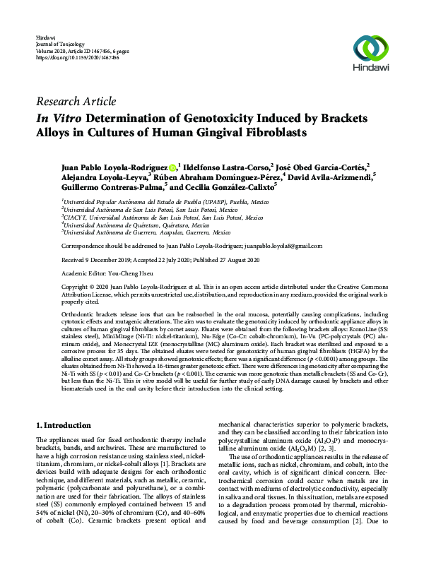 In Vitro Determination of Genotoxicity Induced by Brackets Alloys in Cultures of Human Gingival Fibroblasts