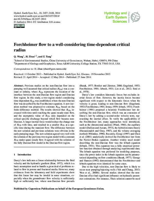 (PDF) Forchheimer flow to a well-considering time-dependent critical radius