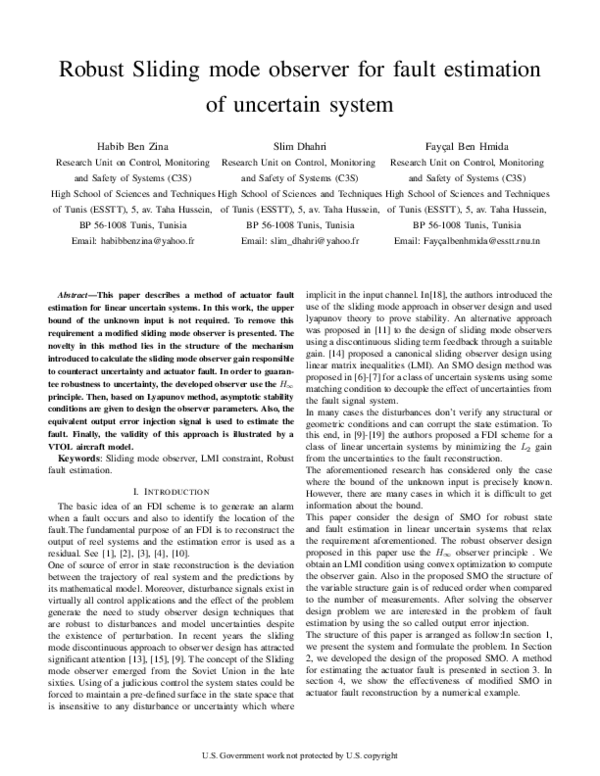 (PDF) Robust sliding mode observer for fault estimation of uncertain system