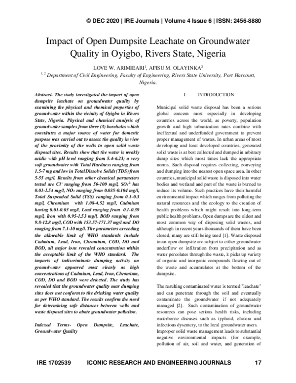 (PDF) Impact of Open Dumpsite Leachate on Groundwater Quality in Oyigbo ...
