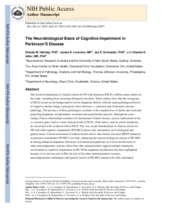 (PDF) The neurobiological basis of cognitive impairment in Parkinson's ...