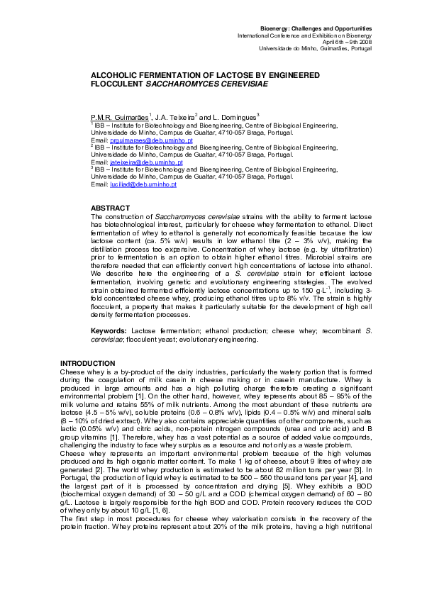 (PDF) Alcoholic fermentation of lactose by engineered flocculent ...