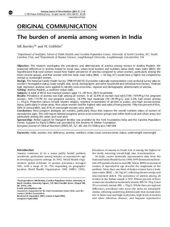(PDF) The burden of anemia among women in India