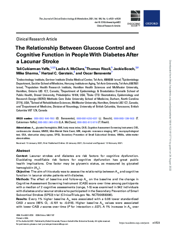 (PDF) The Relationship Between Glucose Control and Cognitive Function ...