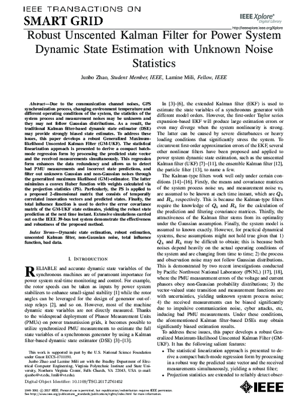 (PDF) Robust Unscented Kalman Filter for Power System Dynamic State ...