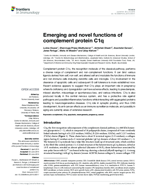(PDF) Emerging and Novel Functions of Complement Protein C1q