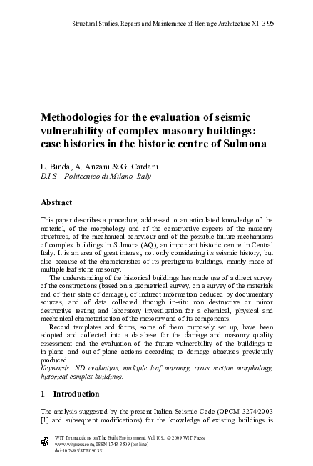(PDF) Seismic Vulnerability Assessment of Masonry Buildings