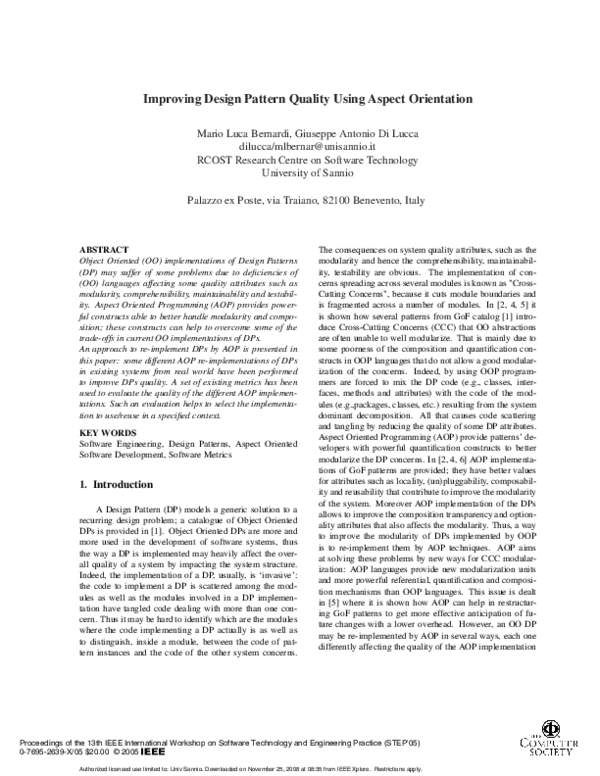 (PDF) Improving Design Pattern Quality Using Aspect Orientation