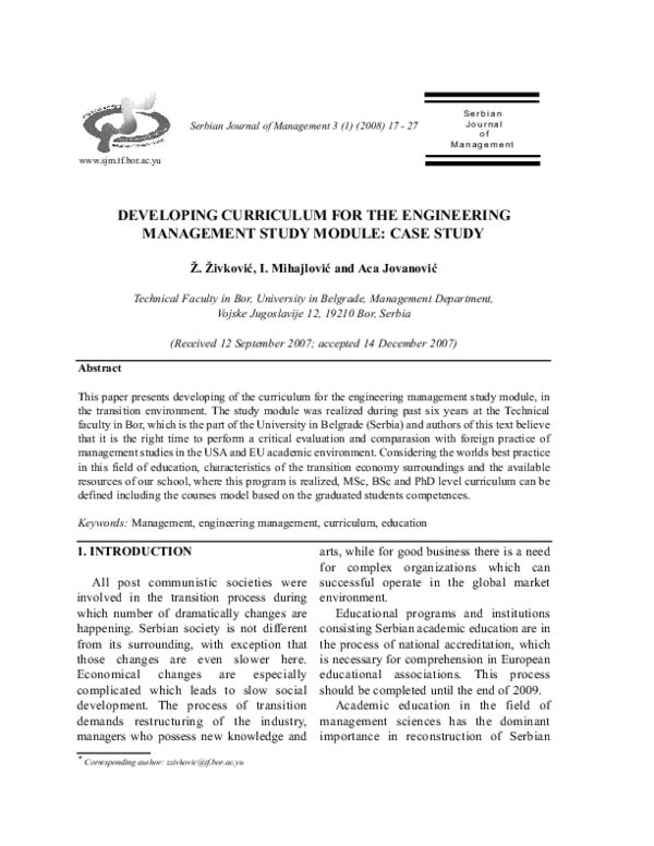 (PDF) Developing curriculum for the engineering management study module ...