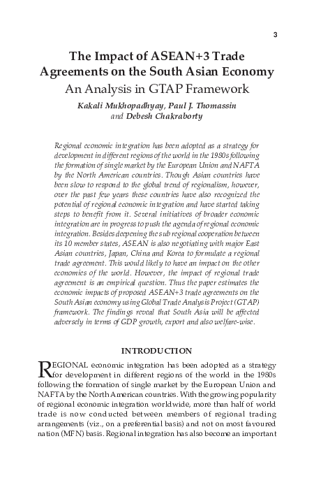 (PDF) The Impact of ASEAN+3 Trade Agreements on the South Asian Economy