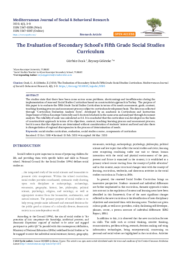 (PDF) The Evaluation of Secondary School’s Fifth Grade Social Studies ...