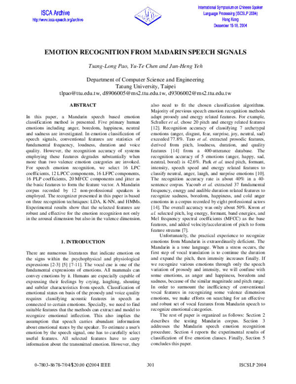 (PDF) Emotion Recognition from Madarin Speech Signals