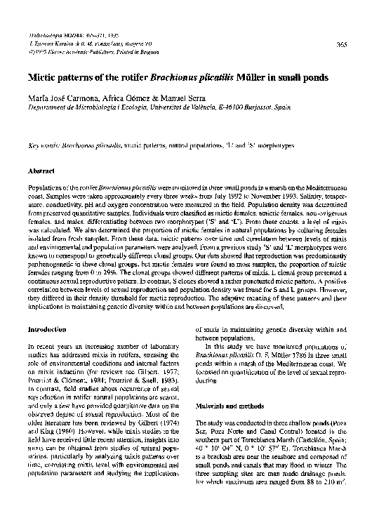 (PDF) Mictic patterns of the rotifer Brachionus plicatilis M ller in ...
