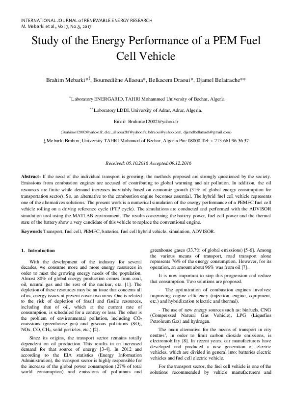 (PDF) Study of the energy performance of a PEM fuel cell vehicle