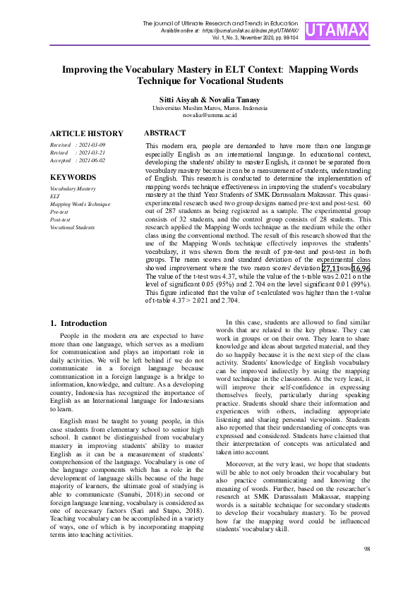 (PDF) Improving the Vocabulary Mastery in ELT Context: Mapping Words ...