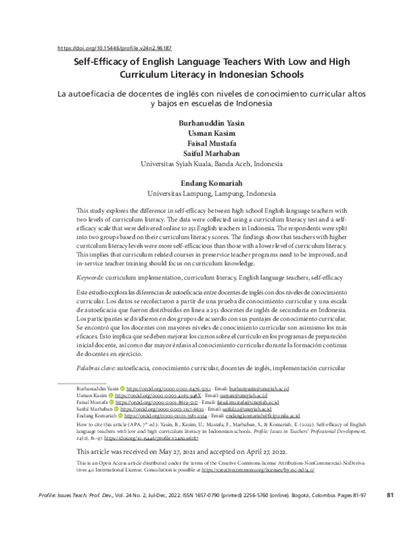 (PDF) Self-Efficacy of English Language Teachers With Low and High ...