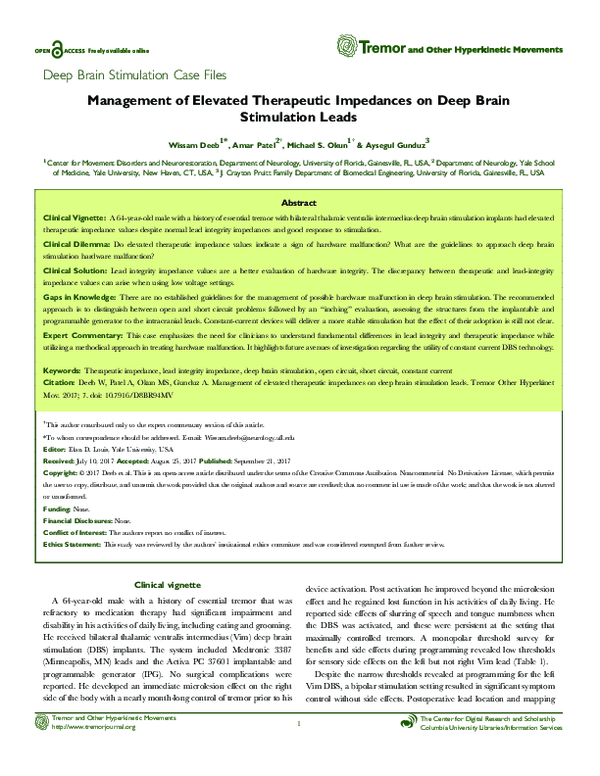 (PDF) Deep Brain Stimulation Case Files Management of Elevated ...