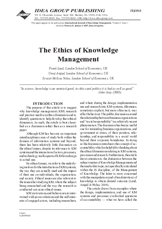 (PDF) The Ethics of Knowledge Management