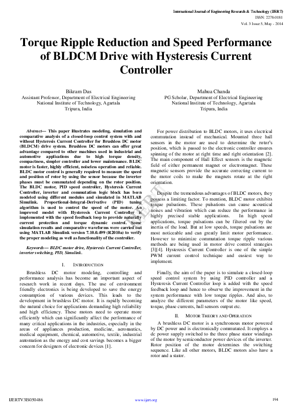 (PDF) Torque Ripple Reduction and Speed Performance of BLDCM Drive with ...