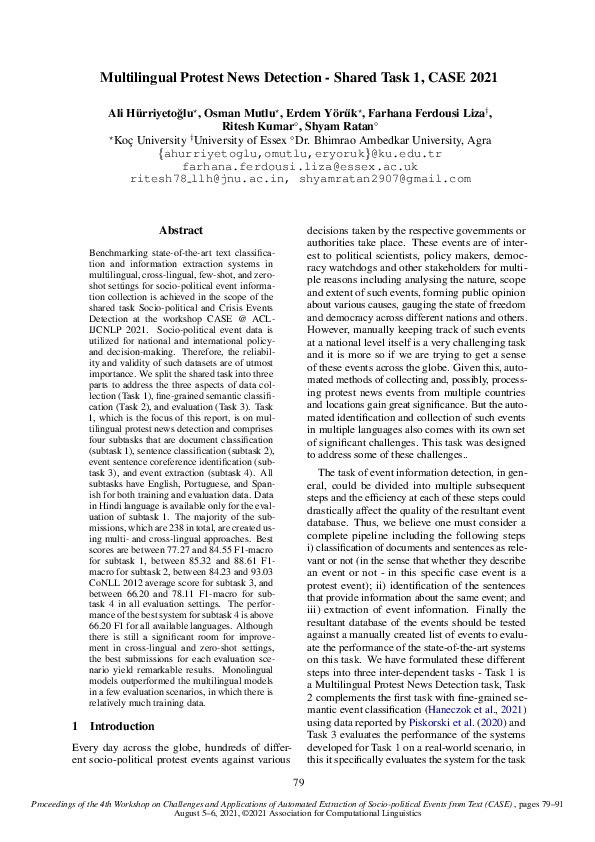 (PDF) Multilingual Protest News Detection - Shared Task 1, CASE 2021