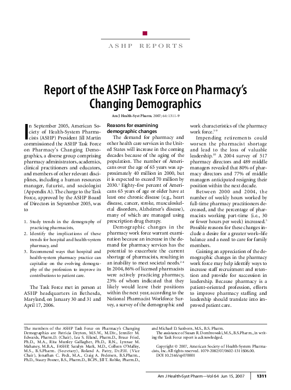 (PDF) Report of the ASHP Task Force on Pharmacy's Changing Demographics