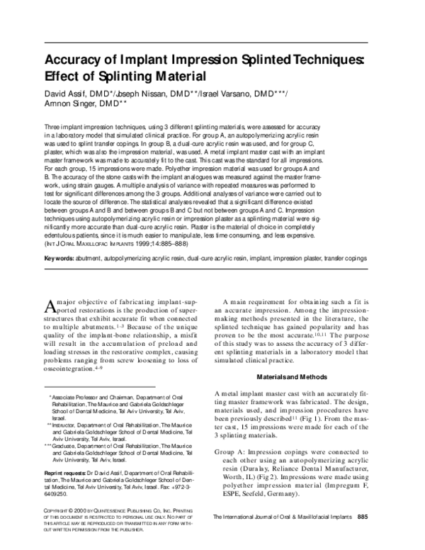(PDF) Accuracy of implant impression splinted techniques effect of