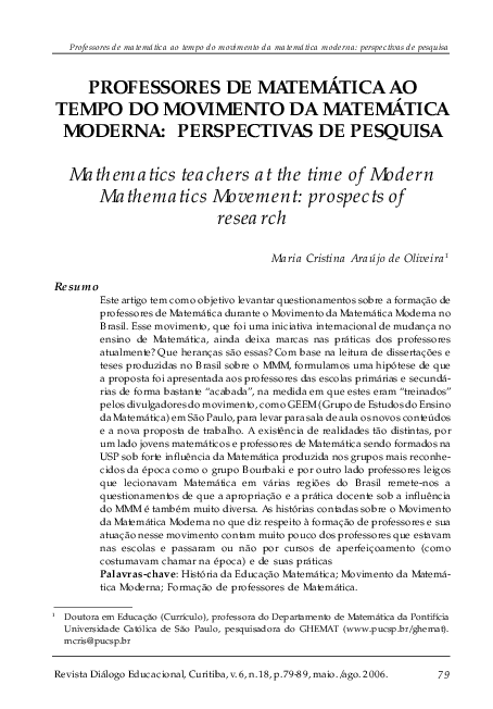 (PDF) Professores De Matemática Ao Tempo Do Movimento Da Matemática ...