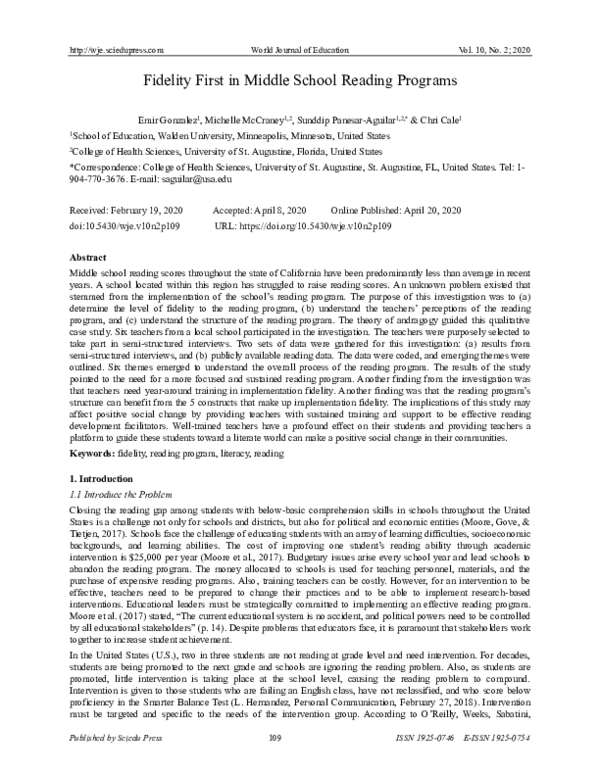 (PDF) Fidelity First in Middle School Reading Programs Michelle