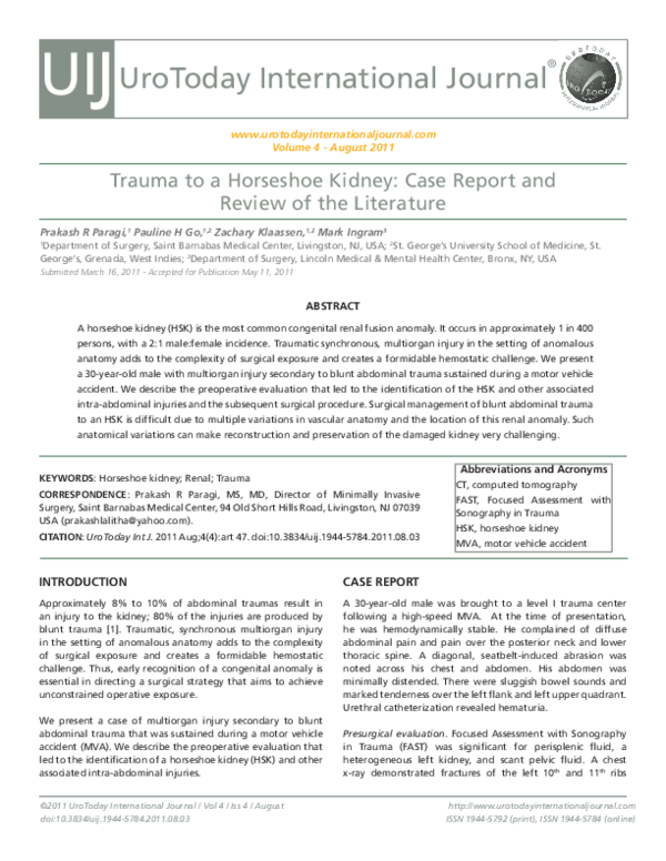 (PDF) Trauma to a Horseshoe Kidney Case Report and Review of the