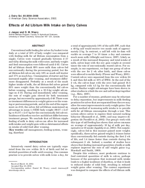 (PDF) Effects of ad libitum milk intake on dairy calves