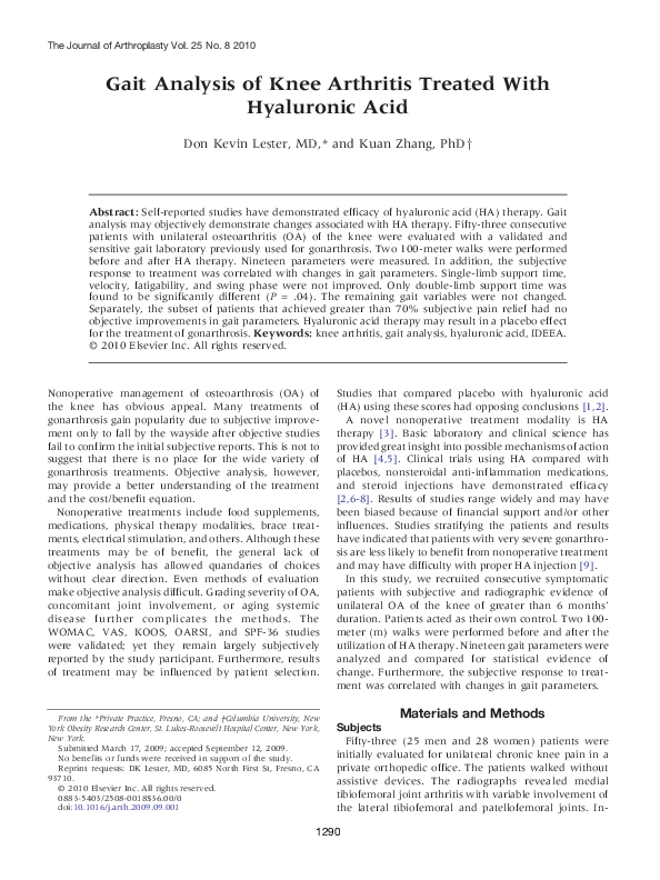 (PDF) Gait Analysis of Knee Arthritis Treated With Hyaluronic Acid