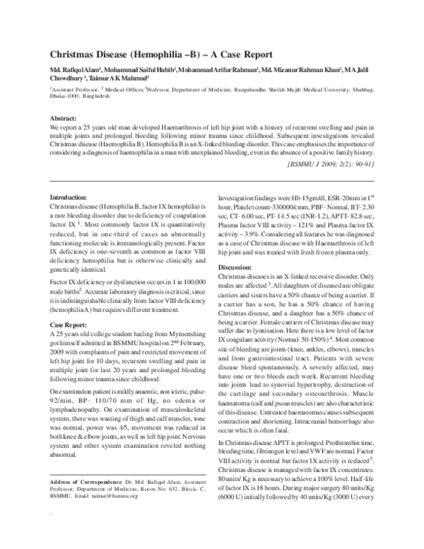 (PDF) Christmas Disease (Hemophilia B) A Case Report Mohammad