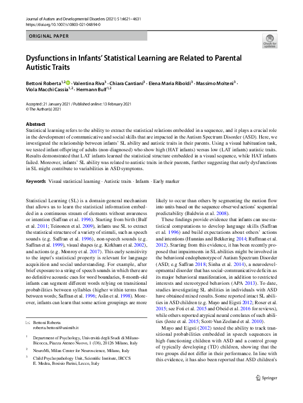 (PDF) Dysfunctions in Infants’ Statistical Learning are Related to ...