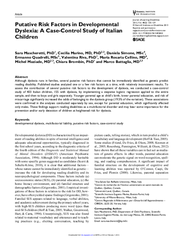 (PDF) Putative Risk Factors in Developmental Dyslexia