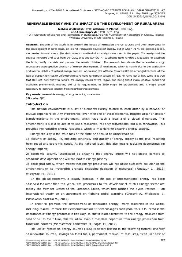 (PDF) Renewable energy and its impact on the development of rural areas