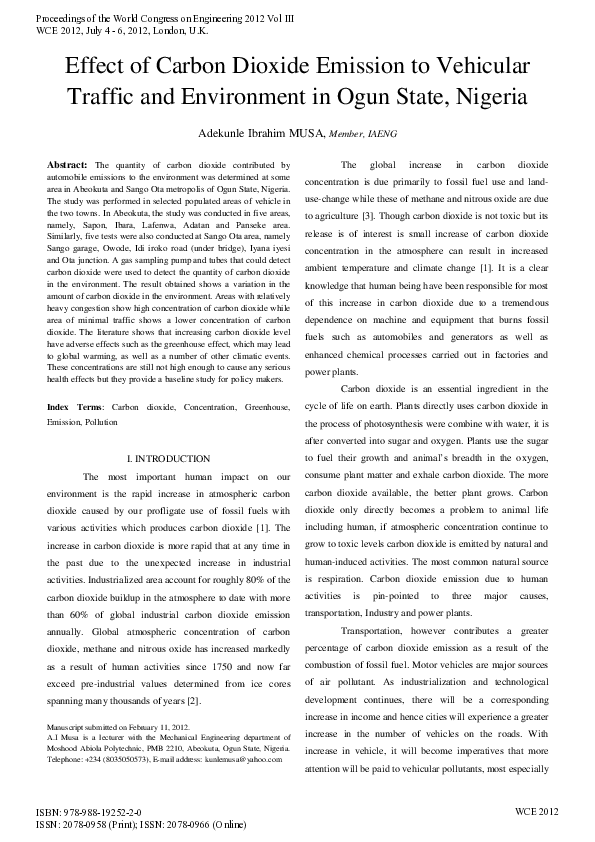 (PDF) Effect of Carbon Dioxide Emission to Vehicular Traffic and ...