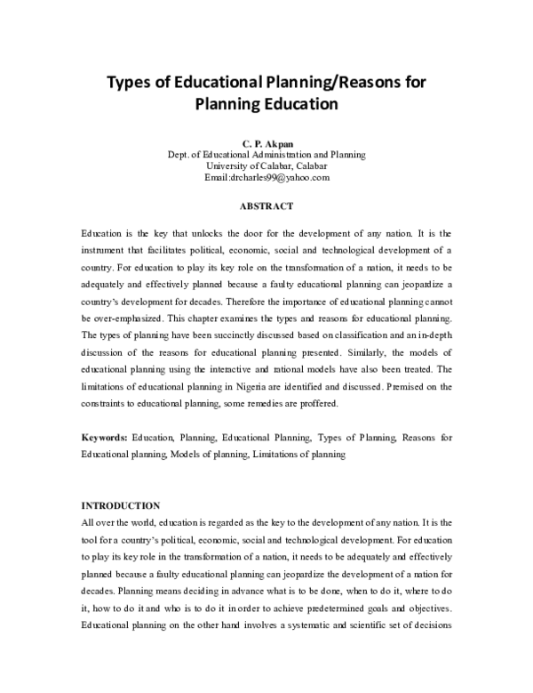 (PDF) Types of Educational Planning/Reasons for Planning Education