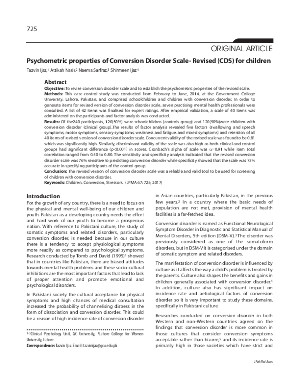(PDF) Psychometric properties of Conversion Disorder Scale Revised