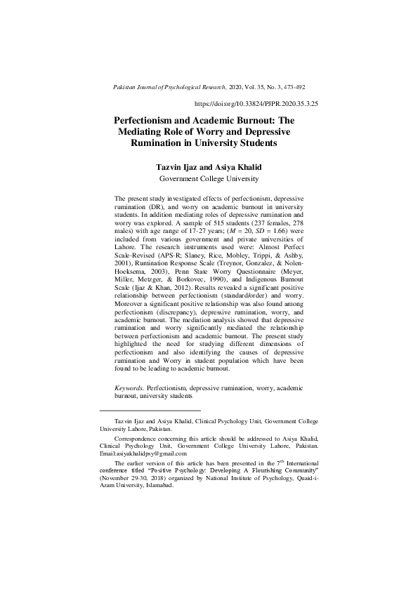 (PDF) Perfectionism and Academic Burnout: The Mediating Role of Worry ...