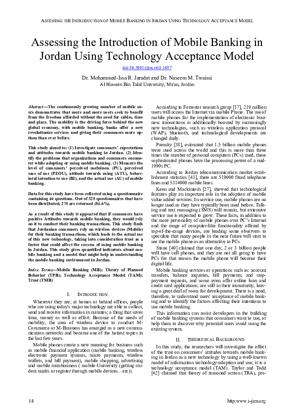 (PDF) Assessing the Introduction of Mobile Banking in Jordan Using ...