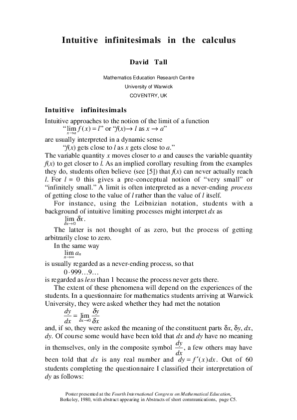 (PDF) Tall - Intuitive infinitesimals in the Calculus