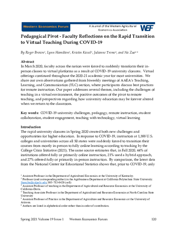 (PDF) Pedagogical Pivot - Faculty Reflections on the Rapid Transition ...