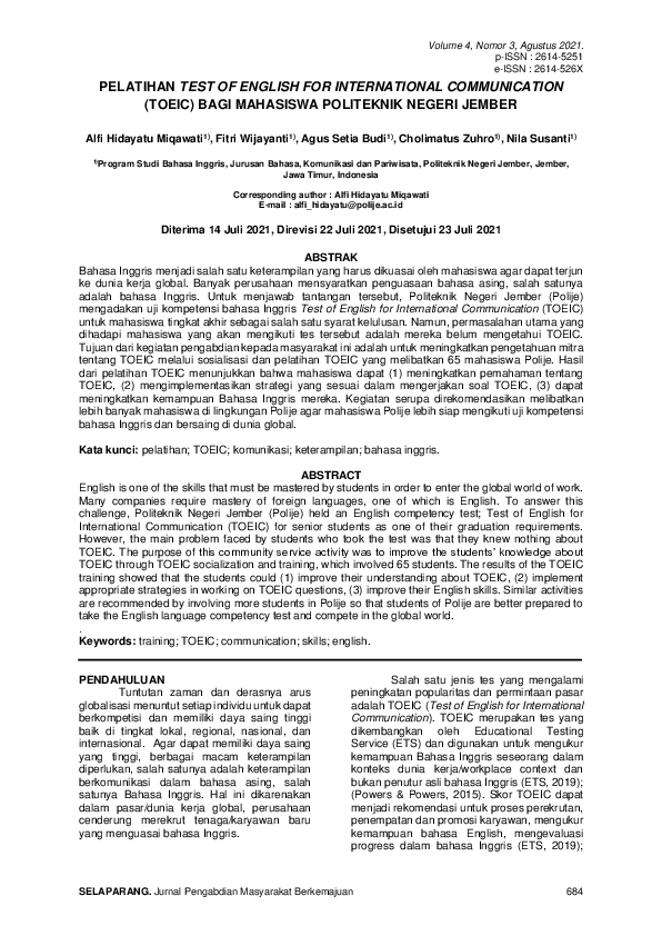(PDF) Pelatihan Test of English for International Communication (Toeic ...