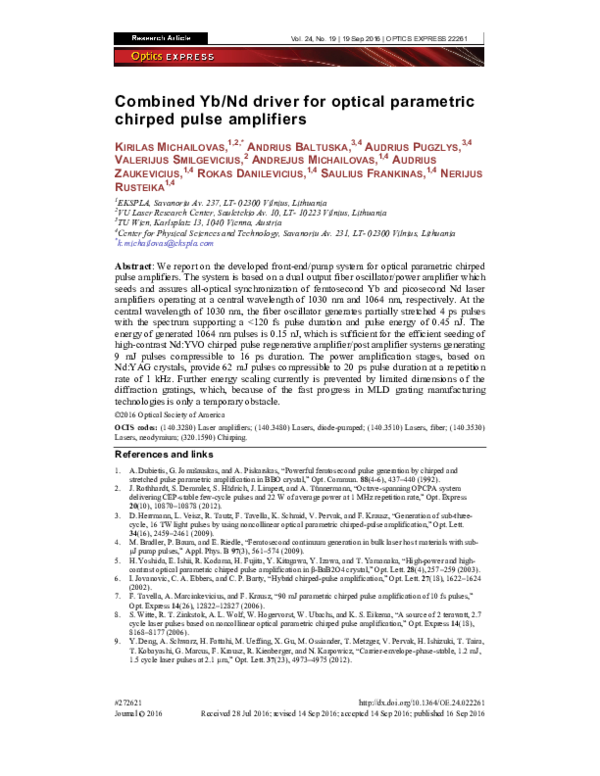 (PDF) Combined Yb/Nd driver for optical parametric chirped pulse amplifiers