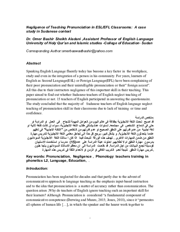 (DOC) Negligence of Teaching Pronunciation in ESL/EFL Classrooms: A ...