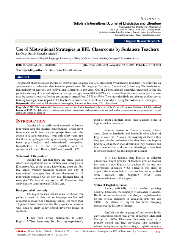 (PDF) Use of Motivational Strategies in EFL Classrooms by Sudanese Teachers