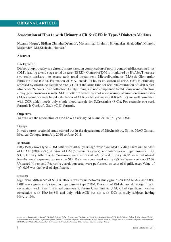 (PDF) Association of HbA1c with Urinary ACR & eGFR in Type-2 Diabetes ...