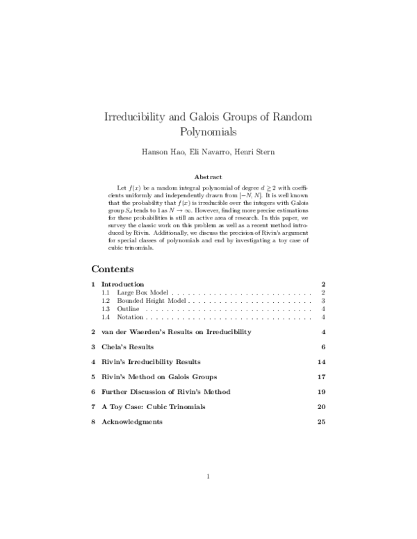 (PDF) Irreducibility and Galois Groups of Random Polynomials