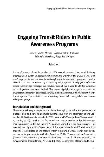 Pdf Engaging Transit Riders In Public Awareness Programs